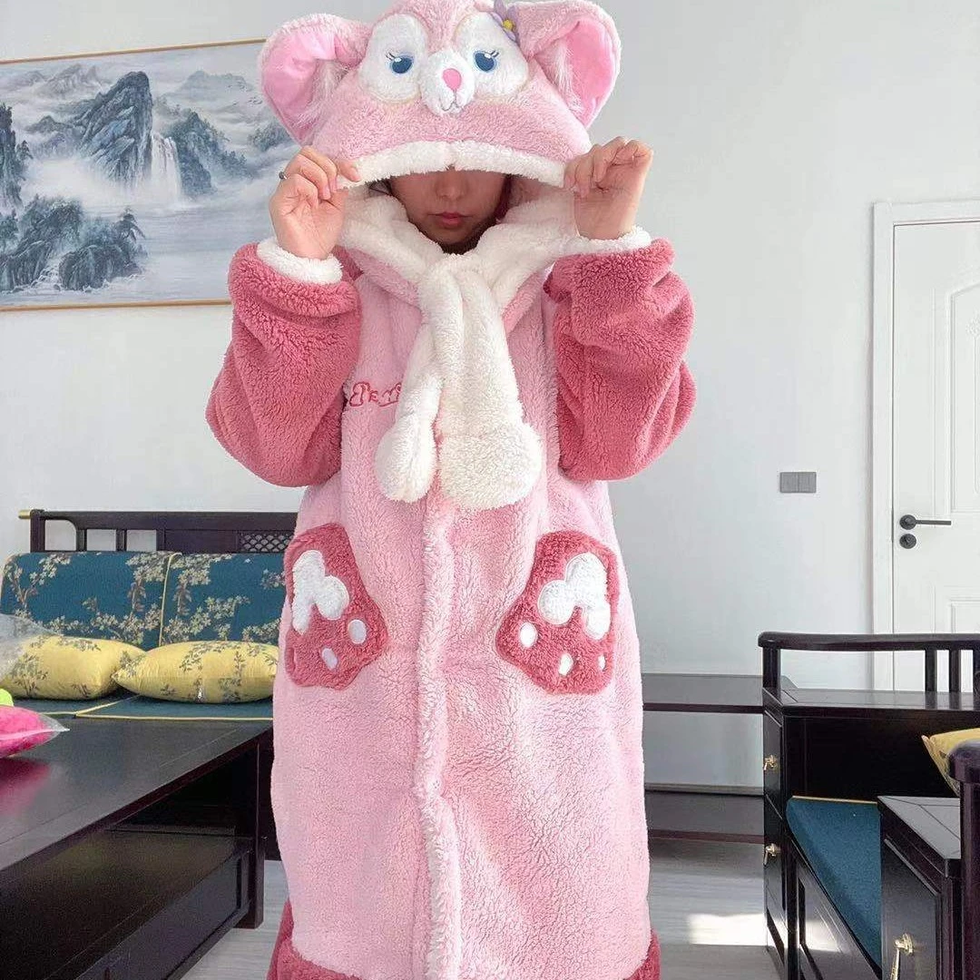 -20°玲贝儿卡通睡袍女加绒加厚长款睡裙家居服套装可外穿睡衣