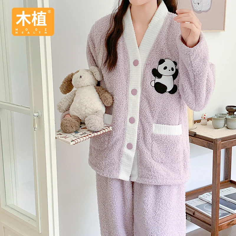 木植半边绒月子服秋冬家居服月子服加厚保暖哺乳口可调节腰围