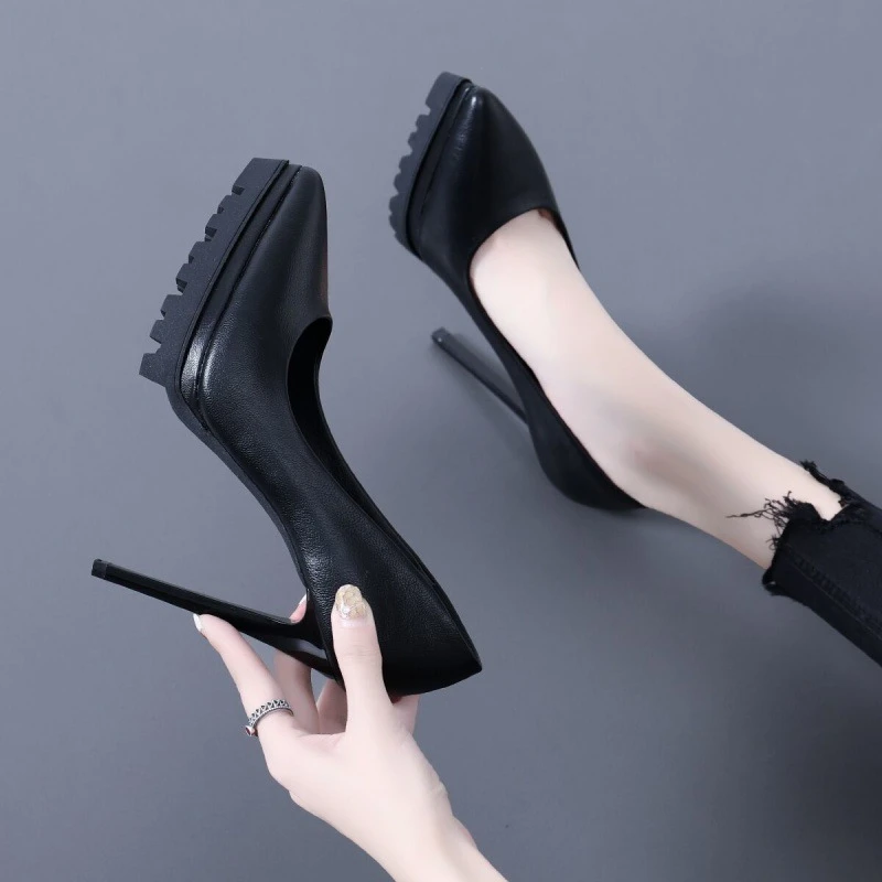 厚底防水台女高跟鞋不累脚黑色职业鞋2023春款女鞋细跟单鞋12cm