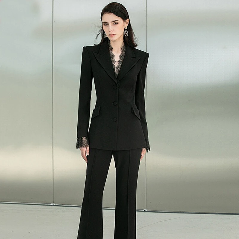 2025春季新款蕾丝拼接黑色西装外套女神范气质御姐高级感修身西服