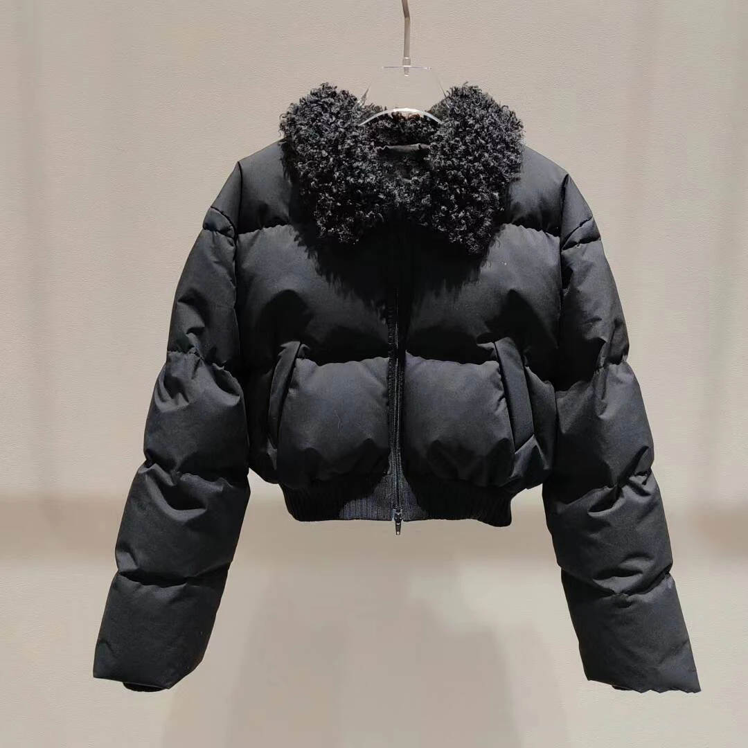 棉服纯色短款翻领厚款拼接毛领黑色宽松小个子韩版港风百搭棉袄女