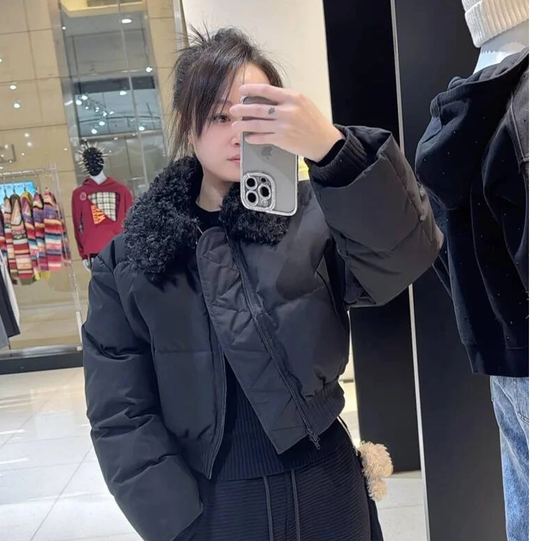 宽松型短款女拉链棉服小个子拼接毛领百搭冬季显瘦潮流棉袄上衣女