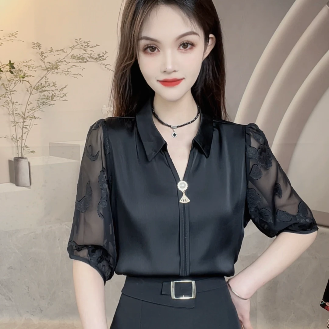 翻领短袖衬衫女新中式夏季新款时尚百搭纯色显瘦洋气中袖衬衣女