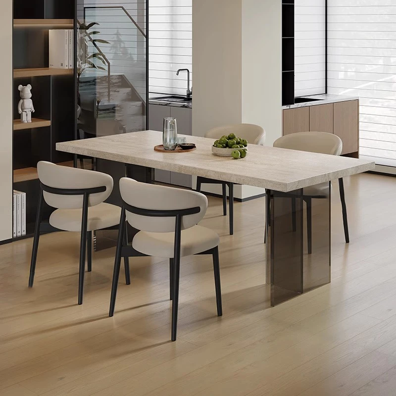 洞石岩板悬浮餐桌现代简约亚克力家用设计师小户型长方形下挂饭桌