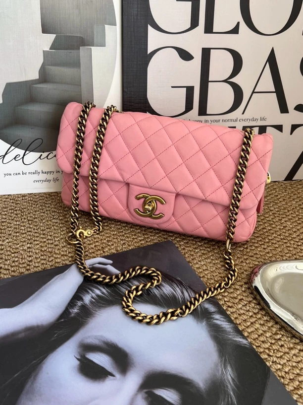 95新 Chanel/香奈儿 赤境·9558 粉色链条翻盖单肩包 13-14
