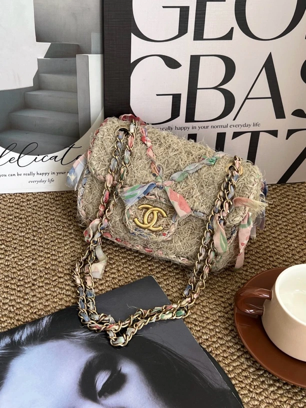 95新 Chanel/香奈儿 赤境·1051 亚麻飘带蝴蝶结麦穗大mini09-10
