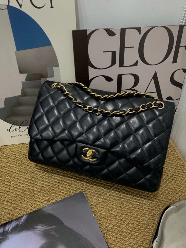 95新 Chanel/香奈儿 赤境·8571 黑金cf单肩包jumbo单肩包13-14