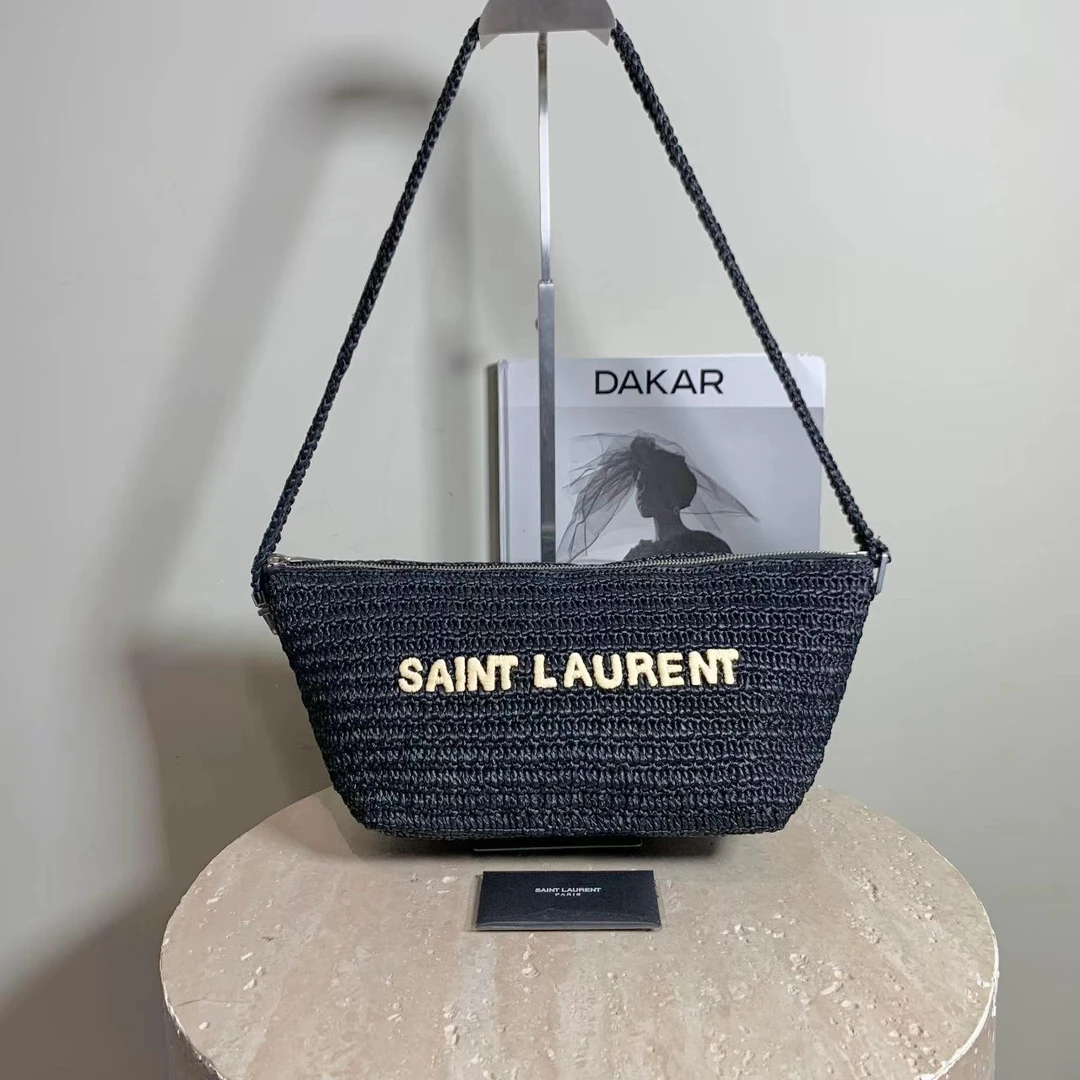 95新 YSL/圣罗兰 壹臻/黑色编织Rafia单肩包/67822351