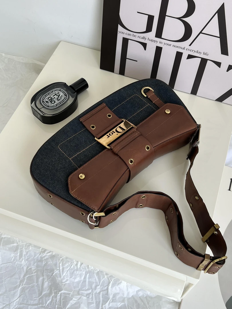 95新 DIOR/迪奥 赤境·6515 棕色牛仔punk单肩包