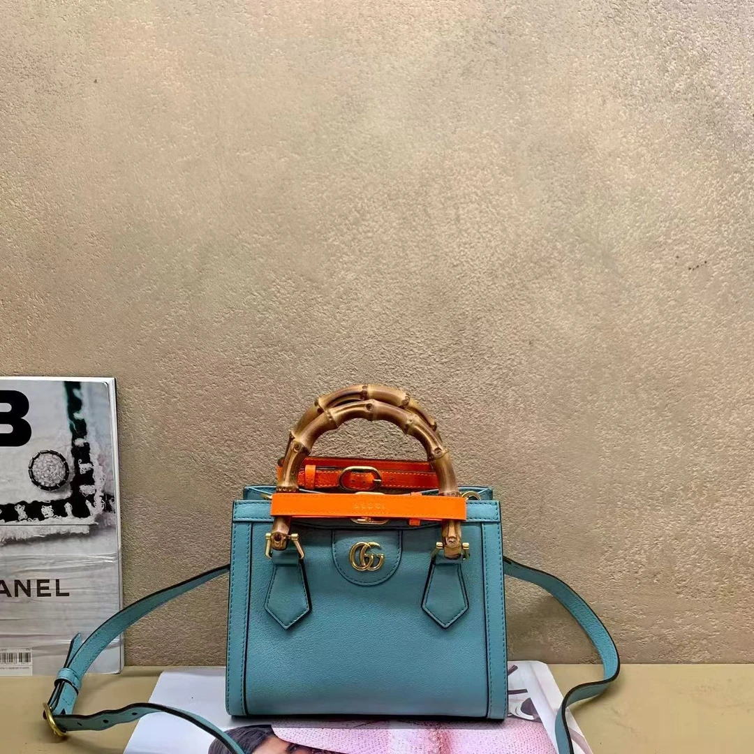 95新 GUCCI/古驰 壹臻中古/蓝色全皮戴安娜竹节包mini/71428254