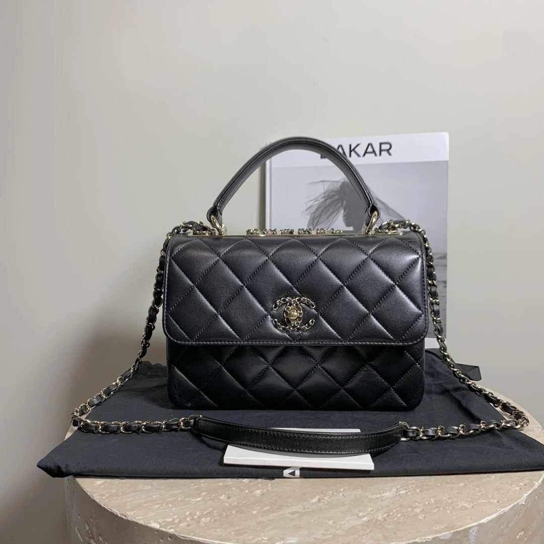 95新 Chanel/香奈儿 壹臻/23S黑金羊皮穿链trendycc中号 74881413