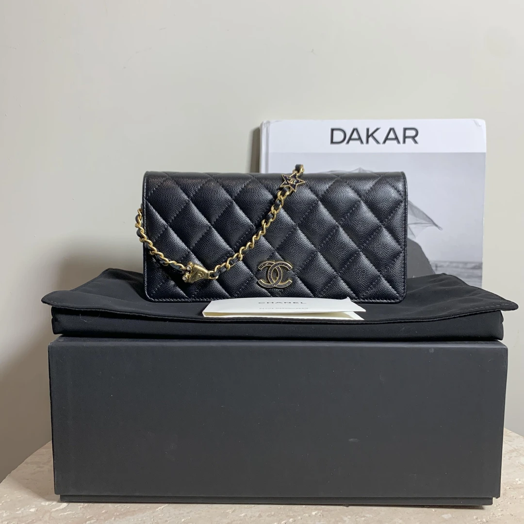 99新 Chanel/香奈儿 壹臻/黑金哞溜冰鞋链条口盖长woc 16186678