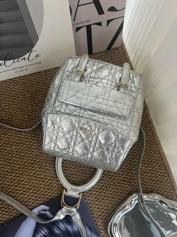 95新 DIOR/迪奥 赤境·4606 银色爆裂纹双肩包小号
