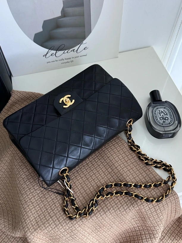 95新 Chanel/香奈儿 赤境·7692 黑金cf单肩包中号 94-96