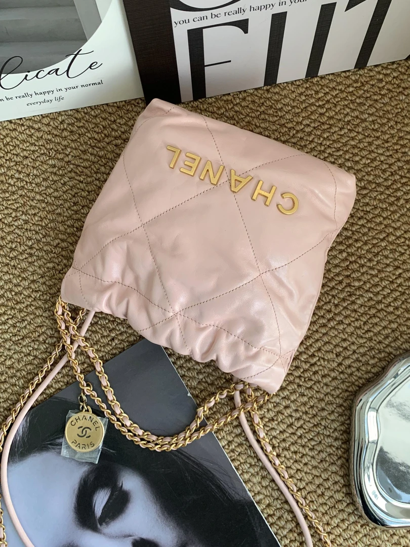 95新 Chanel/香奈儿 赤境·6212 粉金22bag双链条单肩包mini 芯片