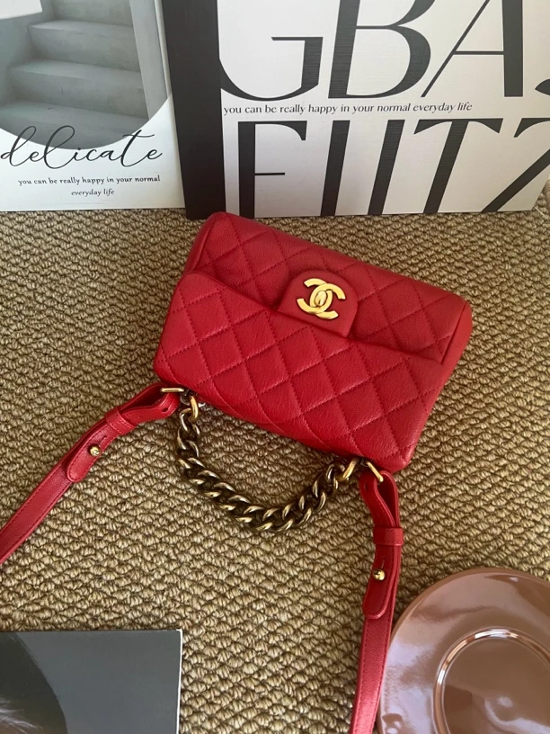 95新 Chanel/香奈儿 赤境·1328 红金荔枝皮菱格纹方胖子斜挎包17
