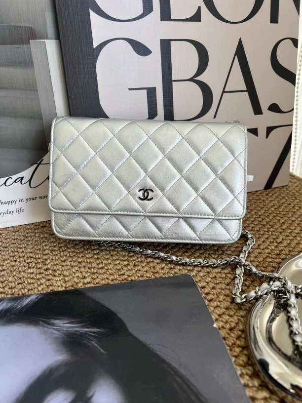 95新 Chanel/香奈儿 赤境·3314 银色菱格纹woc链条斜挎13