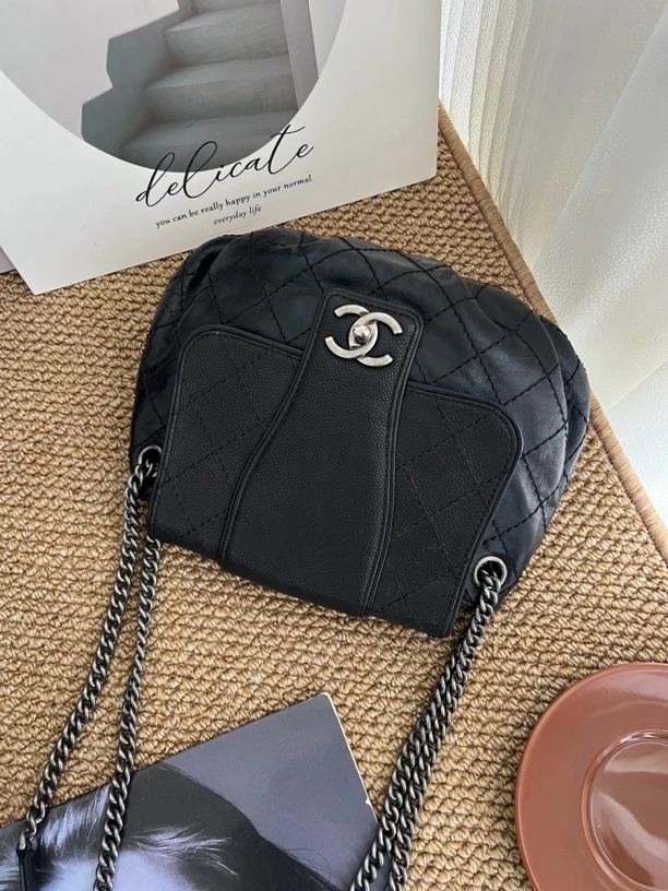 95新 Chanel/香奈儿 赤境·2711 黑银牛皮南瓜包单肩斜挎包14