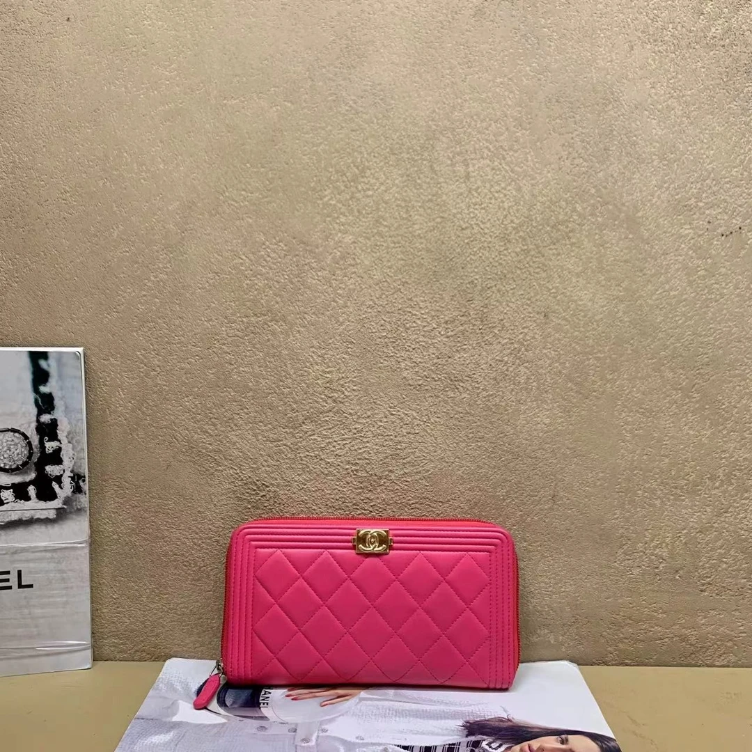95新 壹臻中古/chanel玫红色羊皮leboy长款钱包 22开 15440286