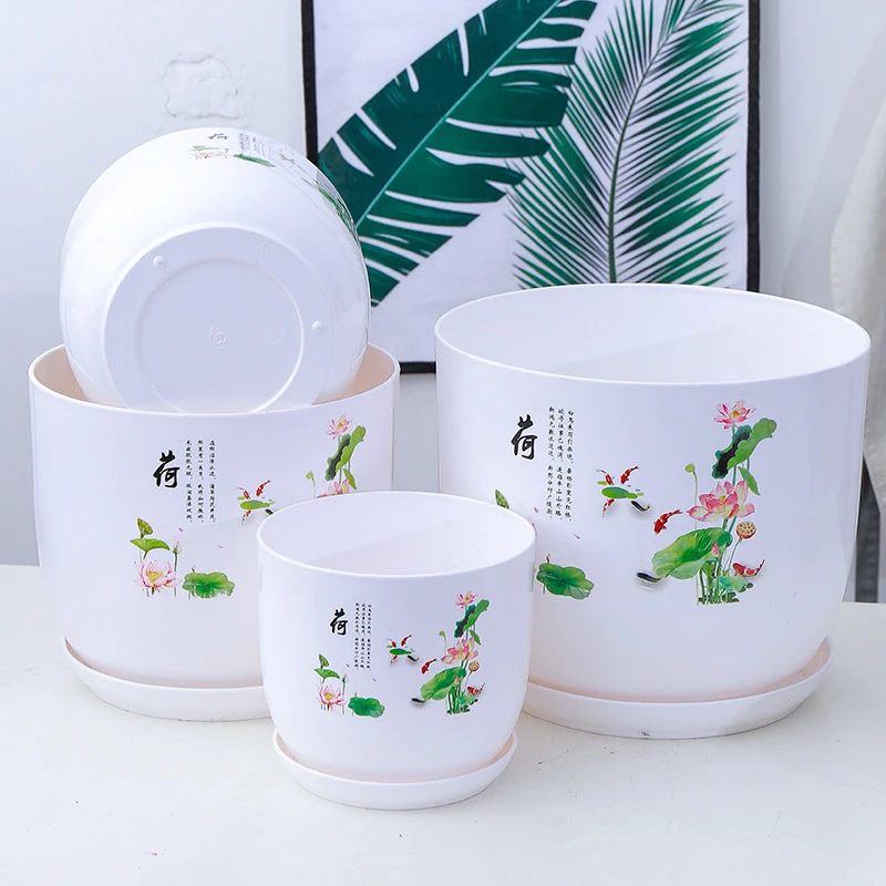 加厚大号无孔水培睡莲碗莲荷花盆圆形树脂塑料仿陶瓷花盆包邮托盘
