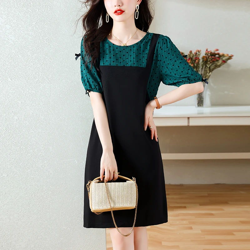 高级感茶歇拼接假两件连衣裙女2024新款法式大码女装显瘦a字裙子