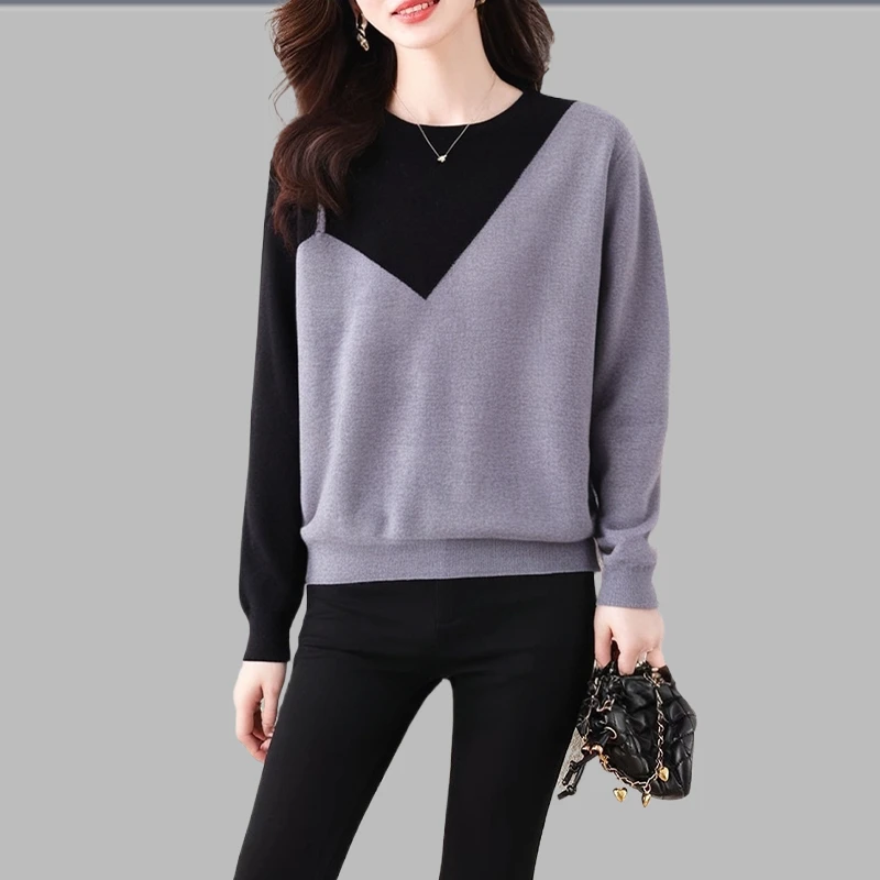 时尚气质撞色假两件针织衫女2025秋冬季新款大码宽松休闲显瘦上衣