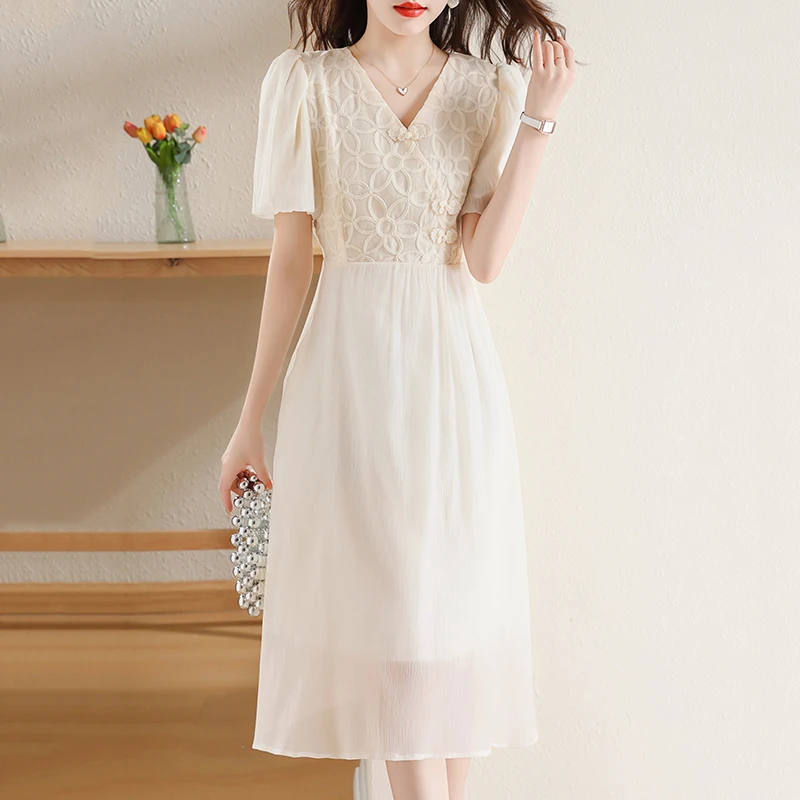 2024夏季新款复古浪漫新中式连衣裙女国风盘扣短袖中长初恋a字裙