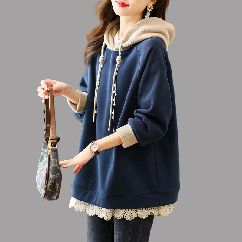 秋冬季设计感蕾丝拼接加绒加厚连帽卫衣女2025新款宽松显瘦上衣