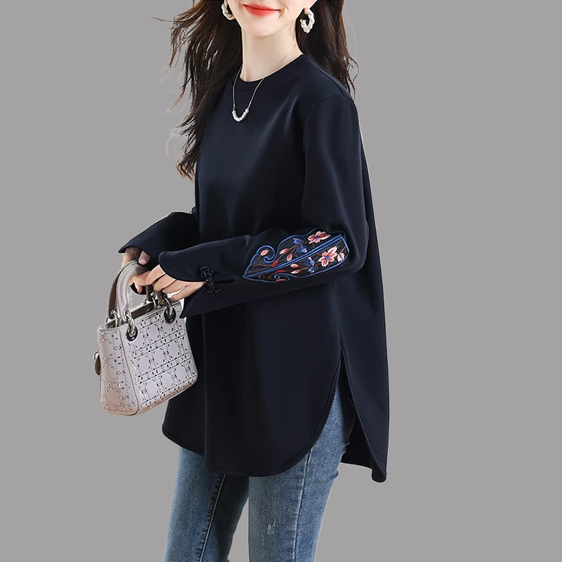 新中式国风刺绣t恤女2025早秋季新款宽松大码中长款复古盘扣上衣