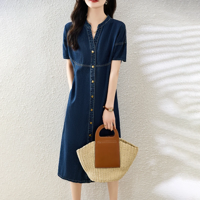 法式复古休闲牛仔连衣裙女夏季薄款宽松遮肚裙子推荐小众高级感
