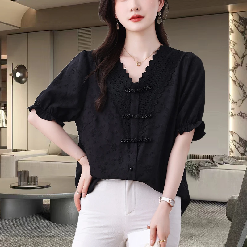 国风蕾丝衬衫女2025夏季新款高端欧货大码胖MM宽松遮肚显瘦上衣女
