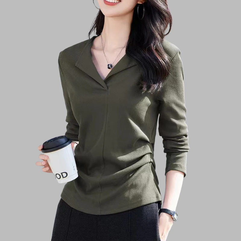 高级感纯色翻领长袖T恤2025秋季新款大码休闲气质内搭收腰上衣