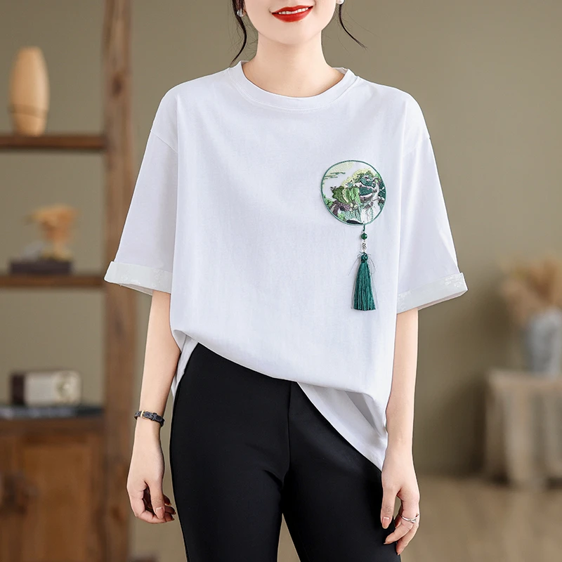 国风女装短袖t恤夏季2024新款重工刺绣设计感宽松休闲半袖上衣
