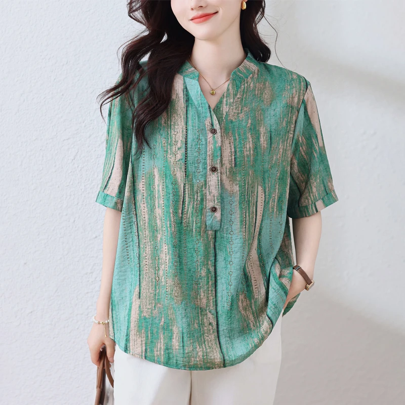 镶钻小衫2025夏季新款复古印花V领气质衬衣洋气薄款半袖衬休闲衫