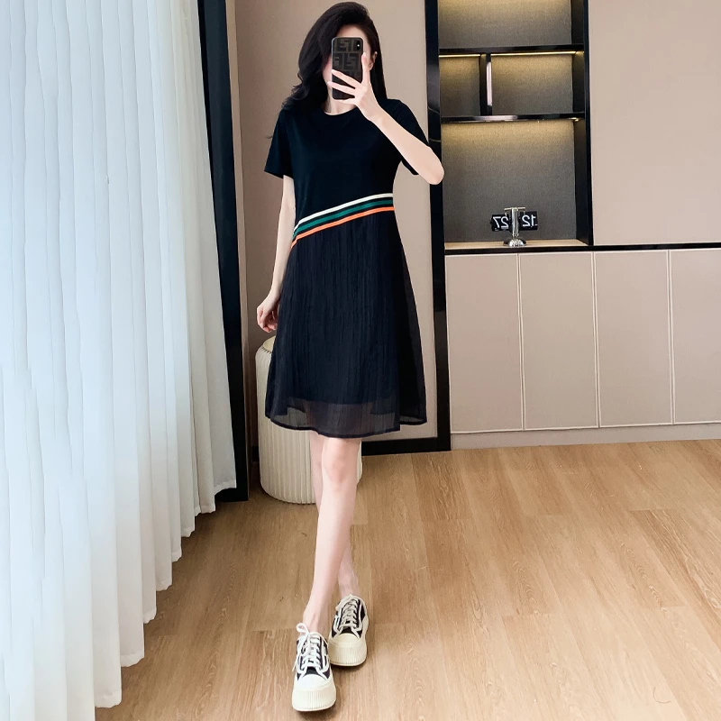 夏装新款韩版宽松拼接短袖t恤裙女中长款大码时尚休闲宽松连衣裙