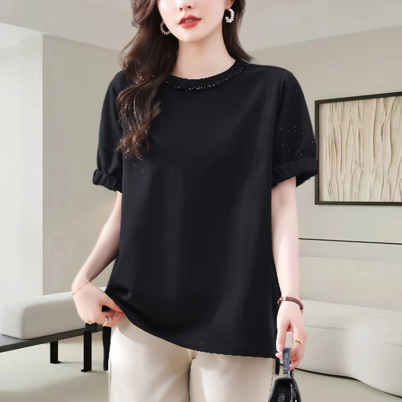 大码高级感超好看法式串珠泡泡袖短袖T恤宽松上衣女2024夏装爆款
