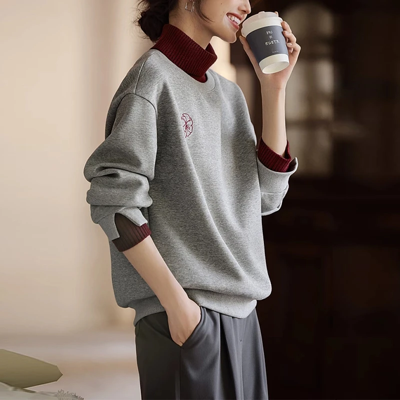 设计感撞色女士卫衣2025秋冬季新款大码宽松休闲显瘦减龄拼接上衣