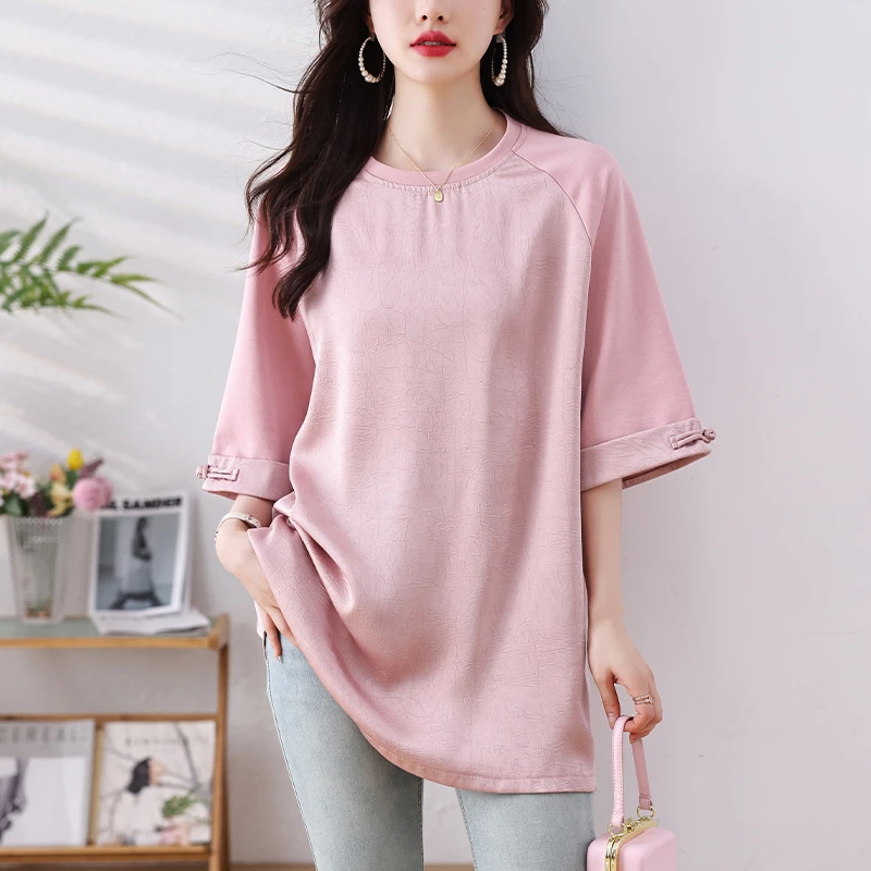 国潮提花盘扣t恤女装短袖夏季2025新款大码中长款遮屁股洋气上衣