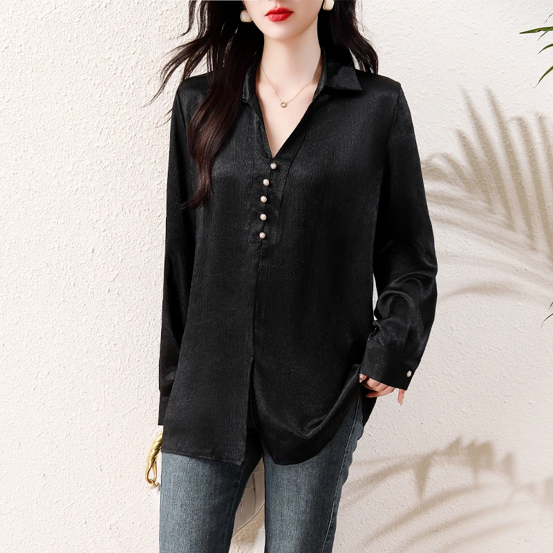 新中式黑色衬衫女士秋季新款高级感宽松大码洋气遮肉减龄显瘦上衣