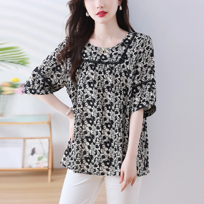 洋气碎花T恤女小衫夏2024新款圆领短袖时尚显瘦百搭雪纺衬衫上衣