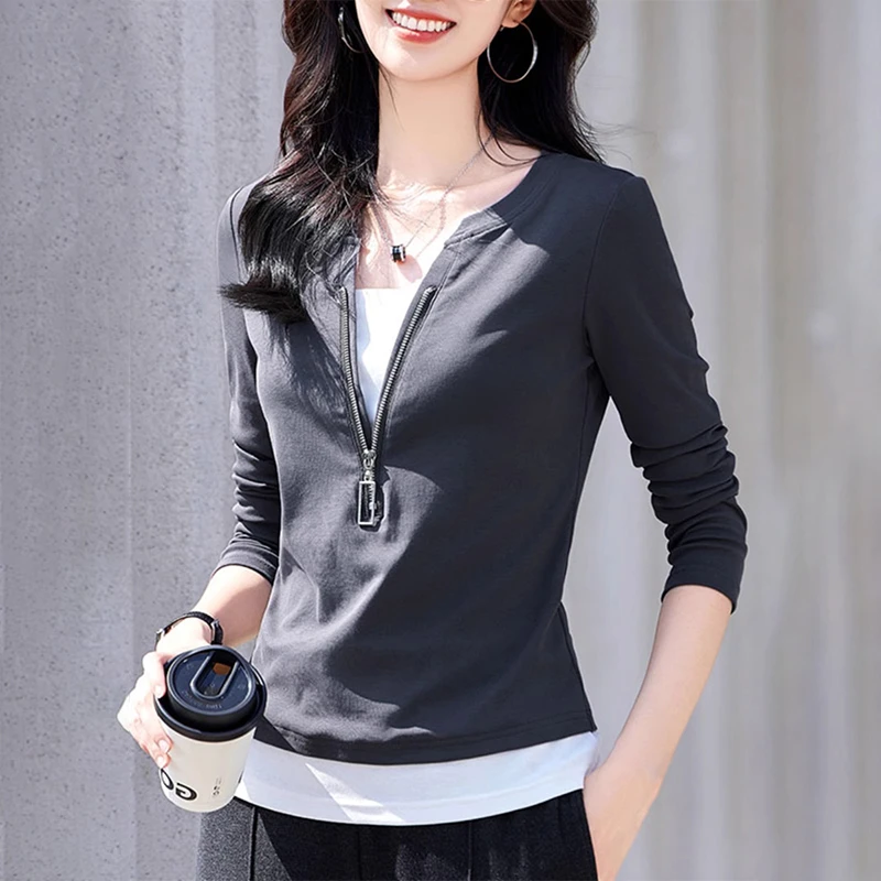 设计感假两件T恤女2025早秋季新款休闲显瘦气质拉链修身打底衫