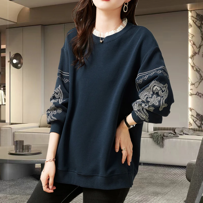 欧货时尚国风刺绣卫衣女2025早秋新款大码宽松休闲蕾丝领口上衣