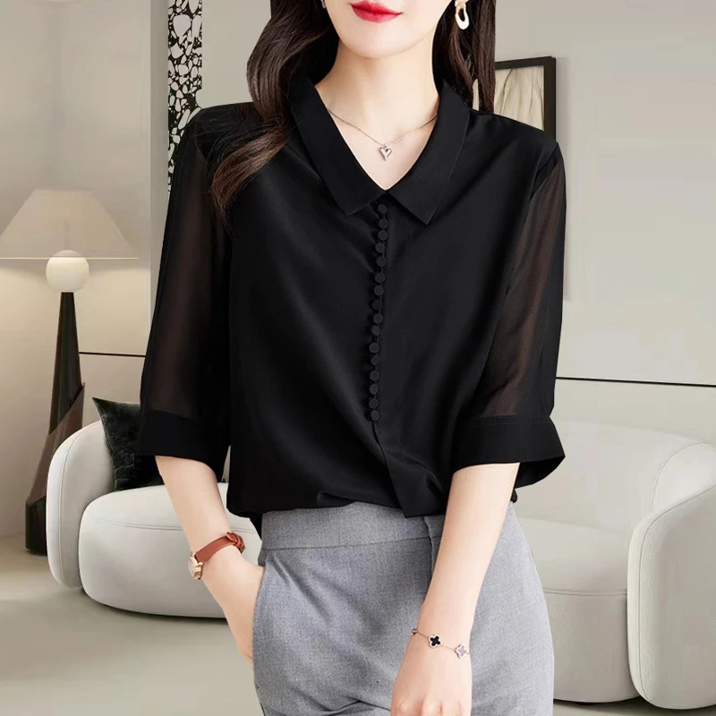 中袖雪纺衬衫女士装夏季2025年新款黑色上衣气质漂亮洋气短袖小衫