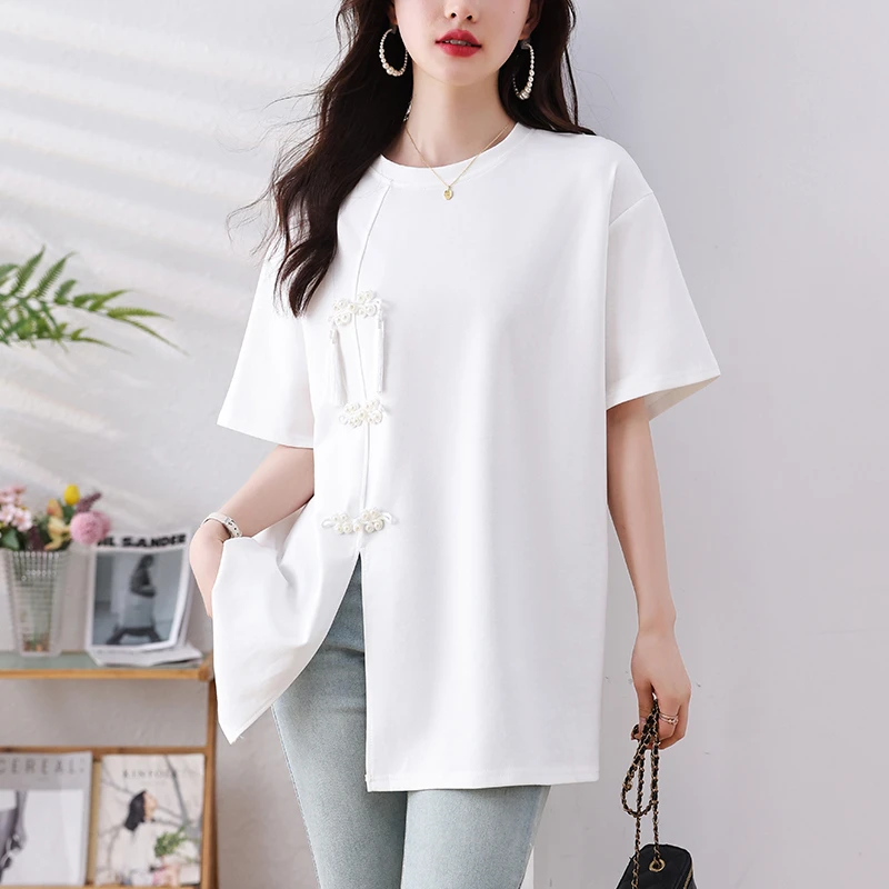 国潮盘扣设计感t恤女短袖夏季2025新款大码中长款遮屁股开叉上衣