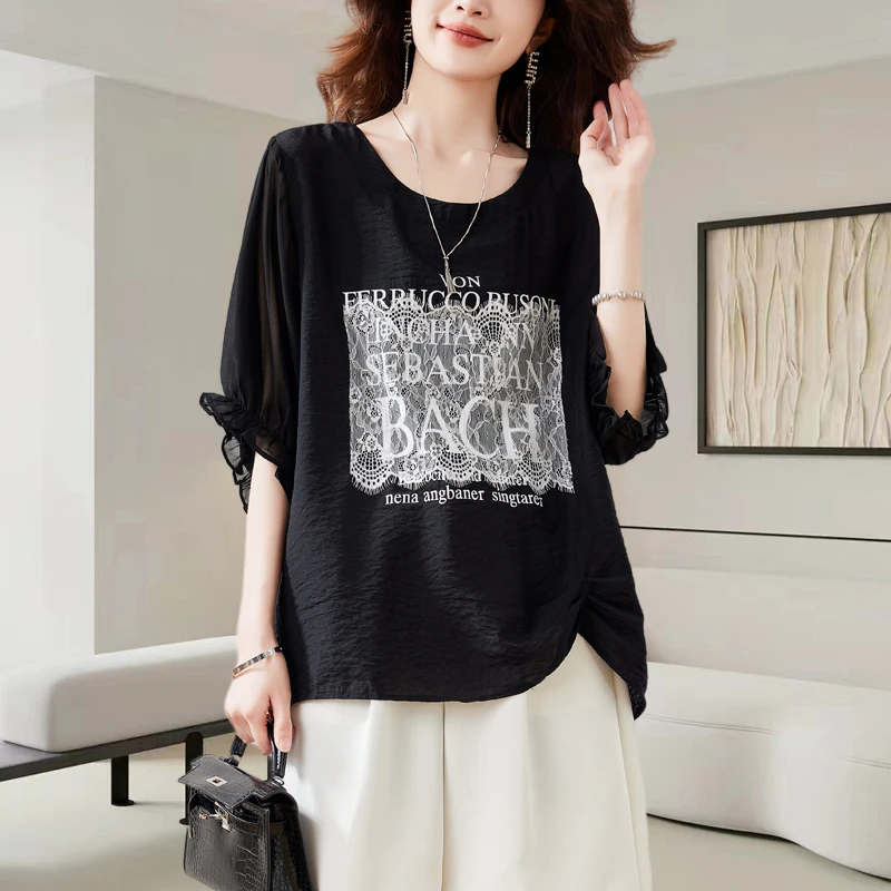 欧洲站短袖t恤女2025新款欧货大版洋气设计感小众宽松蕾丝上衣夏