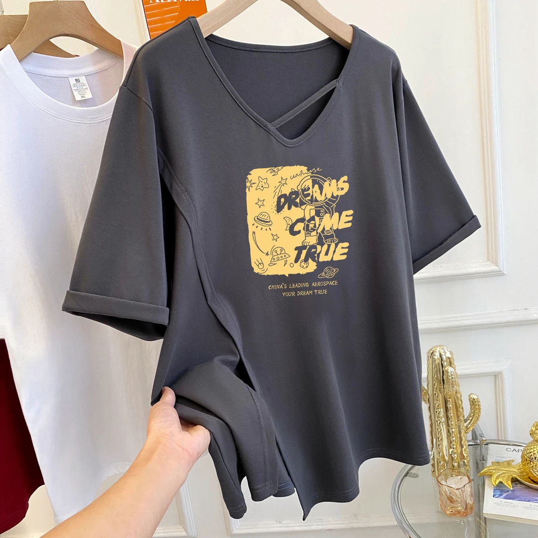 新款t恤女夏季短袖夏oversize设计感小众大码胖mm百搭V领显瘦上衣