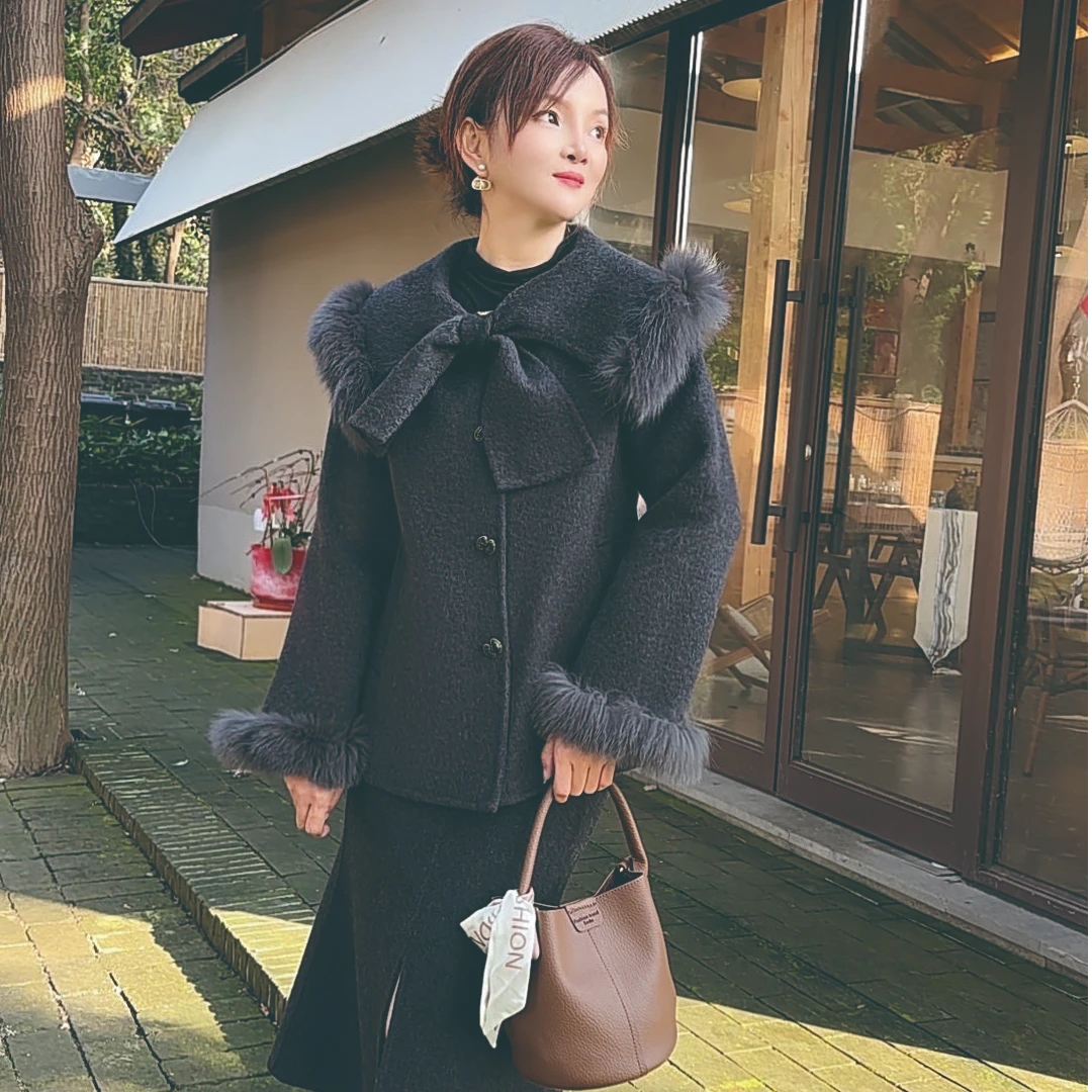 『希艳』双面羊毛大衣女潮流设计百搭时尚休闲高品外套秋冬季新款