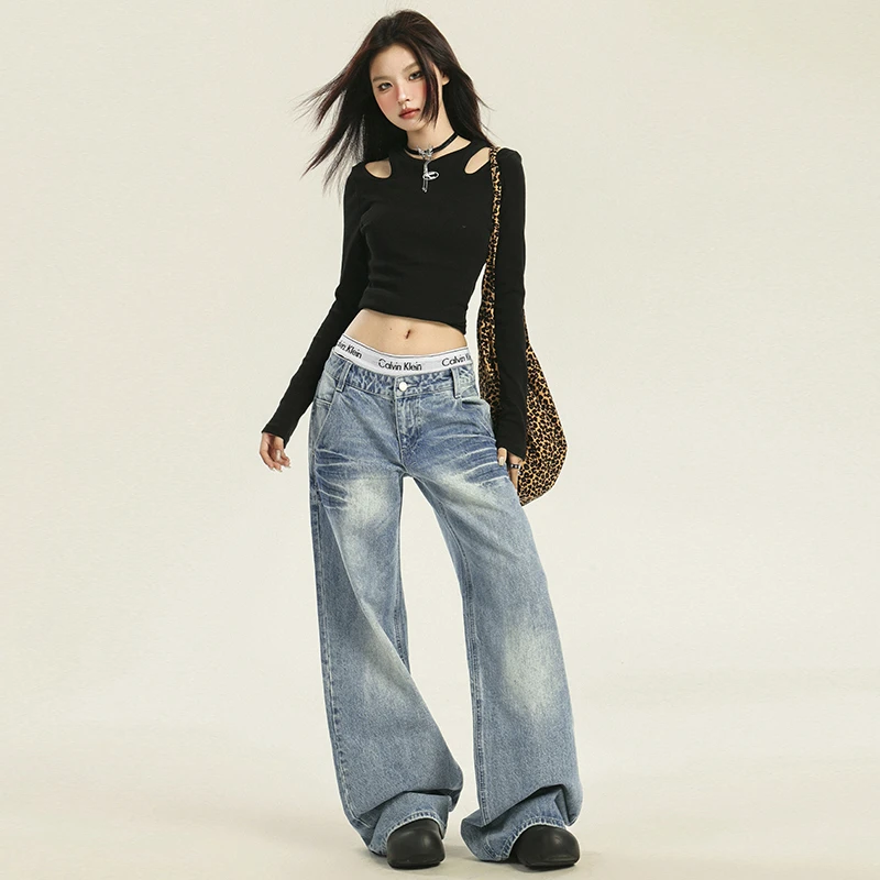 2025新款美式复古阔腿微喇裤压皱设计牛仔裤女显瘦百搭拖地裤