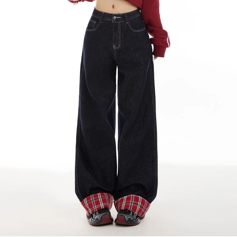 2025新款美式复古格子拼接阔腿牛仔裤女撞色设计感宽松百搭拖地裤
