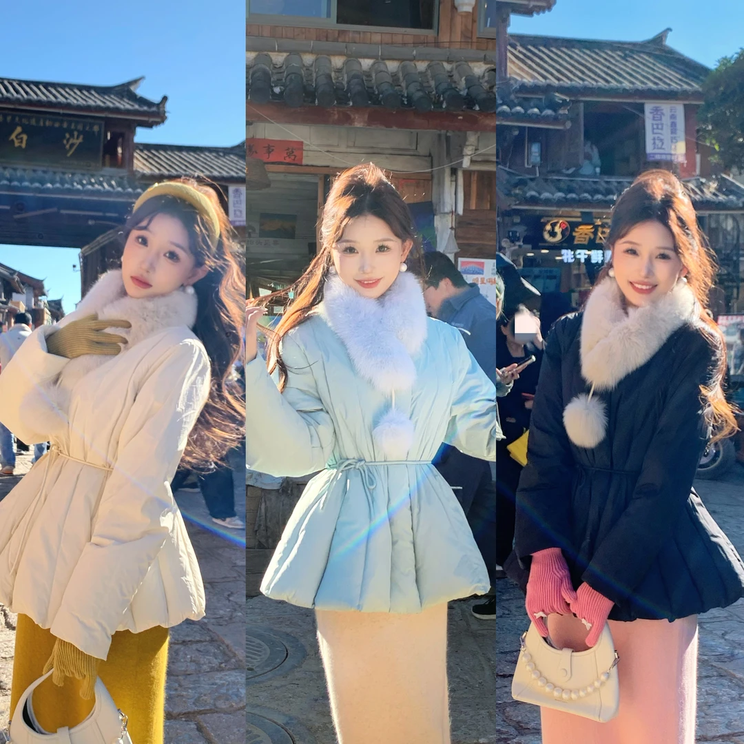 六六自制首尔入冬–气质系带收腰羽绒服